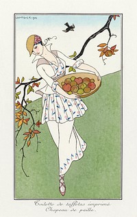 Costumes Parisiens: Toilettes de taffetas (1914) fashion illustration in high resolution by <a href="https://www.rawpixel.com/search/George%20Barbier?sort=curated&amp;page=1">George Barbier</a>. Original from The Rijksmuseum. Digitally enhanced by rawpixel.