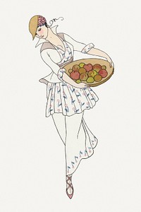 Woman holding apples 19th century fashion, remix from artworks by George Barbier