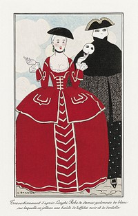 Costumes Parisiens, No. 56: Travestissement d&#39;apr&egrave;s Longhi from Journal des Dames et des Modes (1913) fashion illustration in high resolution by <a href="https://www.rawpixel.com/search/George%20Barbier?sort=curated&amp;page=1">George Barbier</a>. Original from The Rijksmuseum. Digitally enhanced by rawpixel.