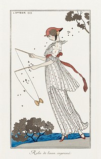 Costumes Parisiens: Robe de linon imprim&eacute; from Journal des Dames et des Modes (1913) fashion illustration in high resolution by <a href="https://www.rawpixel.com/search/George%20Barbier?sort=curated&amp;page=1">George Barbier</a>. Original from The Rijksmuseum. Digitally enhanced by rawpixel.