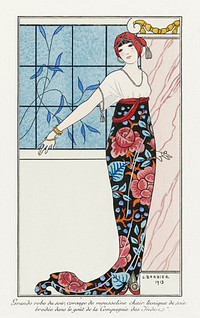 Costumes Parisiens: Grande robe du soir from Journal des Dames et des Modes (1913) fashion illustration in high resolution by George Barbier. Original from The Rijksmuseum. Digitally enhanced by rawpixel.