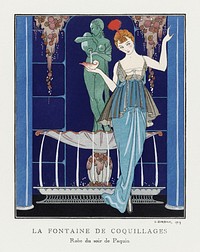 La Fontaine de coquillages: Robe du soir de Paquin (1914) fashion illustration in high resolution by <a href="https://www.rawpixel.com/search/George%20Barbier?sort=curated&amp;page=1">George Barbier</a>. Original from The Rijksmuseum. Digitally enhanced by rawpixel.