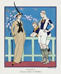 Rugby: Costume tailleur de Redfern from Gazette du Bon Ton No. 4 Pl. 39 (1914) fashion illustration in high resolution by <a href="https://www.rawpixel.com/search/George%20Barbier?sort=curated&amp;page=1">George Barbier</a>. Original from The Rijksmuseum. Digitally enhanced by rawpixel.