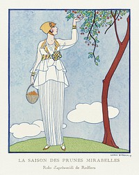 La saison des prunes mirabelles: Robe d&#39;apr&egrave;s-midi de Redfern (1914) fashion illustration in high resolution by <a href="https://www.rawpixel.com/search/George%20Barbier?sort=curated&amp;page=1">George Barbier</a>. Original from The Rijksmuseum. Digitally enhanced by rawpixel.