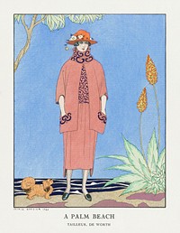 A palm beach: Tailleur, de Worth from Gazette du Bon Ton No. 5 Pl. 40 (1921) fashion illustration in high resolution by <a href="https://www.rawpixel.com/search/George%20Barbier?sort=curated&amp;page=1">George Barbier</a>. Original from The Rijksmuseum. Digitally enhanced by rawpixel.