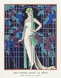 Des robes dans la nuit: Robe du soir, de Worth (1921) fashion illustration in high resolution by <a href="https://www.rawpixel.com/search/George%20Barbier?sort=curated&amp;page=1">George Barbier</a>. Original from The Rijksmuseum. Digitally enhanced by rawpixel.