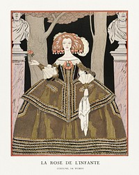 La rose de l&#39;infante: Costume, de Worth from Gazette du Bon Ton. Art- Modes &amp; Frivolit&eacute;s No. 8 (1924) fashion illustration in high resolution by <a href="https://www.rawpixel.com/search/George%20Barbier?sort=curated&amp;page=1">George Barbier</a>. Original from The Rijksmuseum. Digitally enhanced by rawpixel.