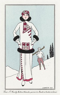 Costumes Parisiens, No. 51: Pour St. Moritz from Journal des Dames et des Modes (1913) fashion illustration in high resolution by <a href="https://www.rawpixel.com/search/George%20Barbier?sort=curated&amp;page=1">George Barbier</a>. Original from The Rijksmuseum. Digitally enhanced by rawpixel.
