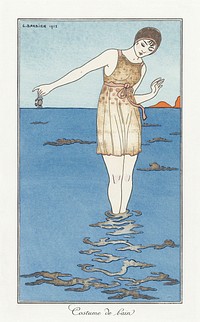 Costumes Parisiens: Costume de bain (1913) fashion illustration in high resolution by <a href="https://www.rawpixel.com/search/George%20Barbier?sort=curated&amp;page=1">George Barbier</a>. Original from The Rijksmuseum. Digitally enhanced by rawpixel.