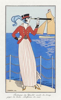 Costumes Parisiens, No.164: Costume de Yacht from Journal des Dames et des Modes (1914) fashion illustration in high resolution by <a href="https://www.rawpixel.com/search/George%20Barbier?sort=curated&amp;page=1">George Barbier</a>. Original from The Rijksmuseum. Digitally enhanced by rawpixel.