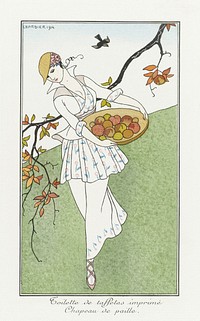 Costumes Parisiens, No.179: Toilette de taffetas from Journal des Dames et des Modes (1914) fashion illustration in high resolution by <a href="https://www.rawpixel.com/search/George%20Barbier?sort=curated&amp;page=1">George Barbier</a>. Original from The Rijksmuseum. Digitally enhanced by rawpixel.