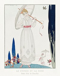 The cypress and the rose: Summer dress by Doeuillet from Gazette du Bon Ton No. 7 Pl. 70 (1914) fashion illustration in high resolution by <a href="https://www.rawpixel.com/search/George%20Barbier?sort=curated&amp;page=1">George Barbier</a>. Original from The Rijksmuseum. Digitally enhanced by rawpixel.