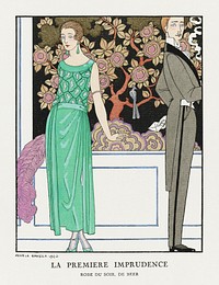 La premiere imprudence: Robe du soir, de Beer (1921) fashion illustration in high resolution by <a href="https://www.rawpixel.com/search/George%20Barbier?sort=curated&amp;page=1">George Barbier</a>. Original from The Rijksmuseum. Digitally enhanced by rawpixel.