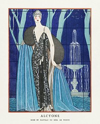 Alcyone / Robe et manteau du soir, de Worth (1923) fashion illustration in high resolution by <a href="https://www.rawpixel.com/search/George%20Barbier?sort=curated&amp;page=1">George Barbier</a>. Original from The Rijksmuseum. Digitally enhanced by rawpixel.