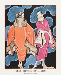 Deux heures du matin / Manteaux, de Worth from Gazette du Bon Ton. Art- Modes &amp; Frivolit&eacute;s No. 2 (1923) fashion illustration in high resolution by <a href="https://www.rawpixel.com/search/George%20Barbier?sort=curated&amp;page=1">George Barbier</a>. Original from The Rijksmuseum. Digitally enhanced by rawpixel.