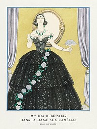 Mme Ida Rubinstein dans la dame aux cam&eacute;lias / Robe, de Worth from Gazette du Bon Ton. Art- Modes &amp; Frivolit&eacute;s No. 5 (1923) fashion illustration in high resolution by <a href="https://www.rawpixel.com/search/George%20Barbier?sort=curated&amp;page=1">George Barbier</a>. Original from The Rijksmuseum. Digitally enhanced by rawpixel.