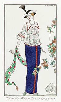 Costumes Parisiens, no. 3: Toilette d&#39;&Eacute;t&eacute;, Toilette d&#39;&Eacute;t&eacute; Blouson de Linon sur Jupe de foulard from Journal des Dames et des Modes (1912) fashion illustration in high resolution by <a href="https://www.rawpixel.com/search/George%20Barbier?sort=curated&amp;page=1">George Barbier</a>. Original from The Rijksmuseum. Digitally enhanced by rawpixel.