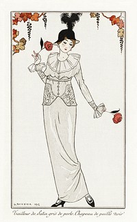 Costumes Parisiens, no. 8: Tailleur de Satin gris de perle. Chapeau de paille noir from Journal des Dames et des Modes (1912) fashion illustration in high resolution by George Barbier. Original from The Rijksmuseum. Digitally enhanced by rawpixel.