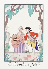 La Cruche caff&eacute;e (1925) fashion illustration in high resolution by <a href="https://www.rawpixel.com/search/George%20Barbier?sort=curated&amp;page=1">George Barbier</a>. Original from The Rijksmuseum. Digitally enhanced by rawpixel.