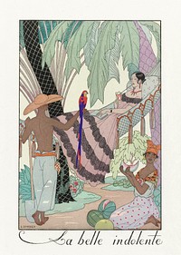 La belle indolente (1923) fashion illustration in high resolution by <a href="https://www.rawpixel.com/search/George%20Barbier?sort=curated&amp;page=1">George Barbier</a>. Original from The Rijksmuseum. Digitally enhanced by rawpixel.