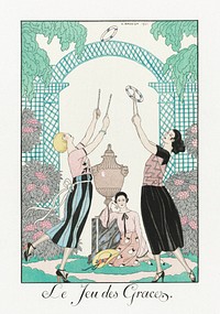 Le Jeu des Graces (1922) fashion illustration in high resolution by <a href="https://www.rawpixel.com/search/George%20Barbier?sort=curated&amp;page=1">George Barbier</a>. Original from The Rijksmuseum. Digitally enhanced by rawpixel.