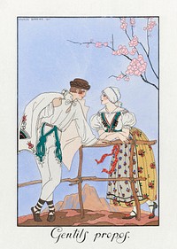 Gentils Propos (1922) fashion illustration in high resolution by <a href="https://www.rawpixel.com/search/George%20Barbier?sort=curated&amp;page=1">George Barbier</a>. Original from The Rijksmuseum. Digitally enhanced by rawpixel.