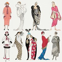 1920s women&#39;s fashion psd set, remix from artworks by George Barbier