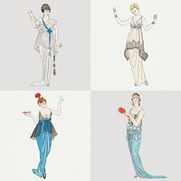 1920s women's fashion psd party dress set, remix from artworks by George Barbier