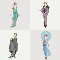 Vintage feminine fashion set19th century style, remix from artworks by George Barbier