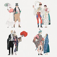 Traditional Parisian fashion psd set, remix from artworks by George Barbier