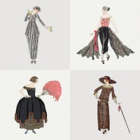 1920s women&#39;s fashion psd set, remix from artworks by George Barbier