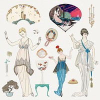 Vintage feminine fashion psd 1920&#39;s outfits, remix from artworks by George Barbier