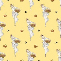 Woman picking apple background psd 1920&#39;s fashion, remix from artworks by George Barbier