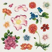 Vintage Chinese flower psd set, remix from artworks by Zhang Ruoai