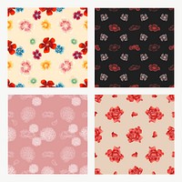 Chinese flower vector seamless pattern background set, remix from artworks by Zhang Ruoai