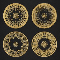 Vintage gold mandala pattern psd motif set on black background, remixed from Noritake factory china porcelain tableware design