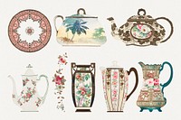 Vintage floral pattern on tableware psd design set, remixed from Noritake factory china porcelain design