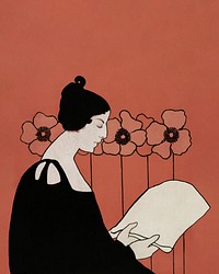 Woman reading a newspaper art nouveau style, remix from artworks by Ethel Reed
