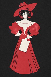 1900's fashion woman in red dress art print, remix from artworks by Ethel Reed