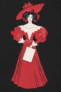 1900&#39;s fashion woman psd in red dress art print, remix from artworks by Ethel Reed