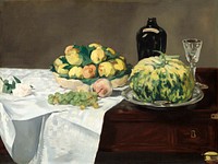 Still Life with Melon and Peaches (c.1866) painting in high resolution by Edouard Manet. Original from National Gallery of Art. Digitally enhanced by rawpixel.