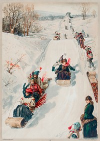 &quot;Tobogganing&quot; chromolithograph (1886) by <a href="https://www.rawpixel.com/search/L.%20Prang%20%26%20Co.?sort=curated&amp;page=1">L. Prang &amp; Co</a>. Original from Library of Congress. Digitally enhanced by rawpixel.