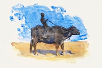 Boy on Water Buffalo from scrapbook (ca. 1879) by<a href="https://www.rawpixel.com/search/John%20Singer%20Sargent?sort=curated&amp;page=1&amp;topic_group=_my_topics"> John Singer Sargent</a>. Original from The MET Museum. Digitally enhanced by rawpixel.
