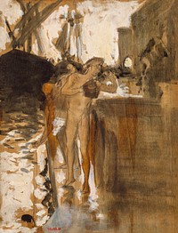 The Balcony, Spain and Two Nude Bathers Standing on a Wharf (ca. 1879&ndash;1880) by<a href="https://www.rawpixel.com/search/John%20Singer%20Sargent?sort=curated&amp;page=1&amp;topic_group=_my_topics"> John Singer Sargent</a>. Original from The MET Museum. Digitally enhanced by rawpixel.