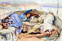 Two Figures in a Boat, Isola Bella, Italy (1902) by <a href="https://www.rawpixel.com/search/John%20Singer%20Sargent?sort=curated&amp;page=1&amp;topic_group=_my_topics">John Singer Sargent</a>. Original from The Birmingham Museum. Digitally enhanced by rawpixel.