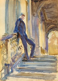 Sir Neville Wilkinson on the Steps of the Palladian Bridge at Wilton House (ca. 1904&ndash;1905) by <a href="https://www.rawpixel.com/search/John%20Singer%20Sargent?sort=curated&amp;page=1&amp;topic_group=_my_topics">John Singer Sargent</a>. Original from The National Gallery of Art. Digitally enhanced by rawpixel.