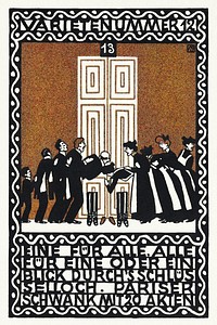 Variety Act 12: One for All, All for One or a Glimpse through the Keyhole (Varietenummer 12: Eine für Alle, Alle für eine oder ein Blick Durch's Schlüsselloch. Pariser Schwank mit 20 Akten) (1907) print in high resolution by Moriz Jung. Original from the MET Museum. Digitally enhanced by rawpixel.