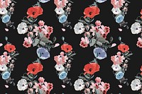 Black floral pattern background, natural design psd, remixed from original artworks by Pierre Joseph Redout&eacute;