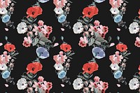 Black floral pattern background, natural design psd, remixed from original artworks by Pierre Joseph Redouté