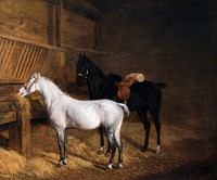 A Grey Pony and a Black Charger in a Stable (1804) painting in high resolution by <a href="https://www.rawpixel.com/search/Jacques%E2%80%93Laurent%20Agasse?sort=curated&amp;page=1&amp;topic_group=_my_topics">Jacques&ndash;Laurent Agasse</a>. Original from The Yale University Art Gallery. Digitally enhanced by rawpixel.